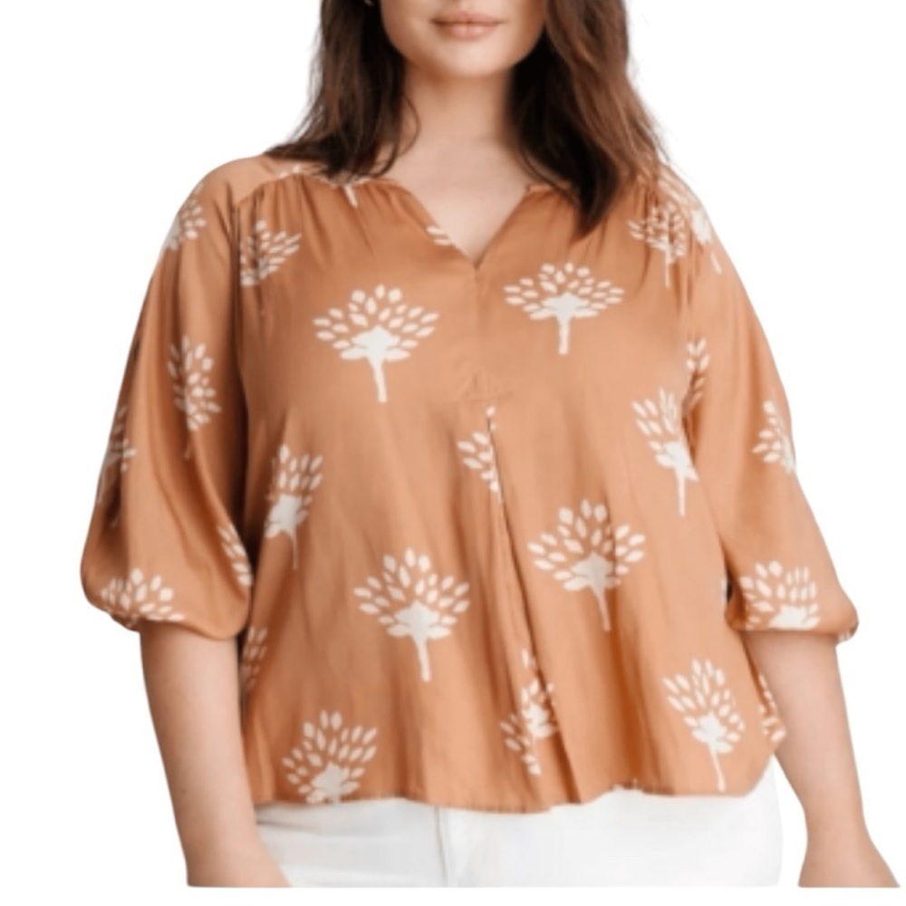 Anthropologie Dolan Alvian Tree Peasant 3/4 Sleeve V Neck Blouse Large Tan